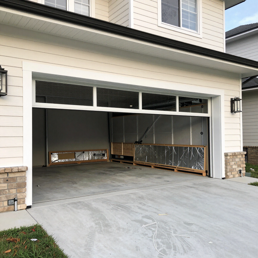 Two-car garage with open door, unfinished interior, and a concrete driveway outside a light-colored house