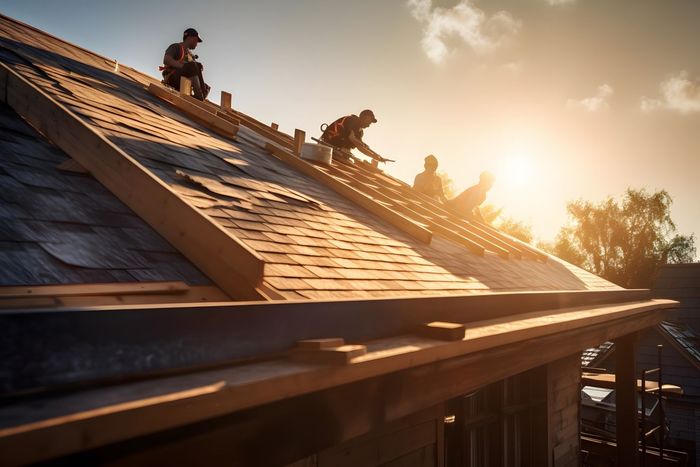Roofers working on a roof under a bright sun, with wooden beams and shingles.