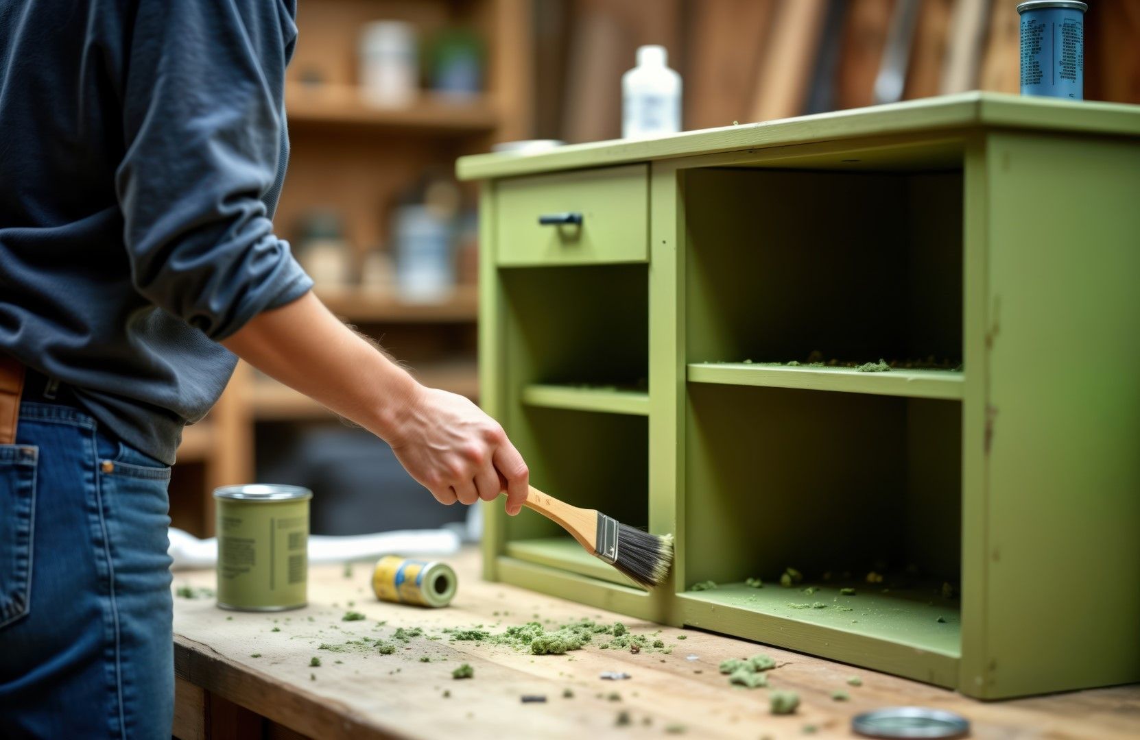 Person painting a green cabinet with a brush; wooden table, paint cans, and workshop setting.