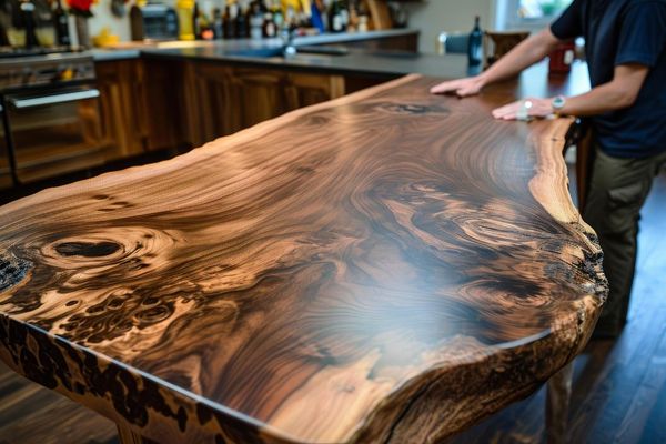 A person's hands rest on a large, dark wood countertop with a live edge in a kitchen.