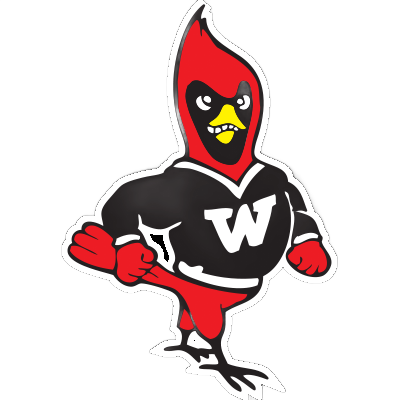 Cartoon red-and-black woodpecker mascot wearing a black W shirt, standing with wings outstretched