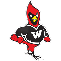 Cartoon red-and-black woodpecker mascot wearing a black W shirt, standing with wings outstretched
