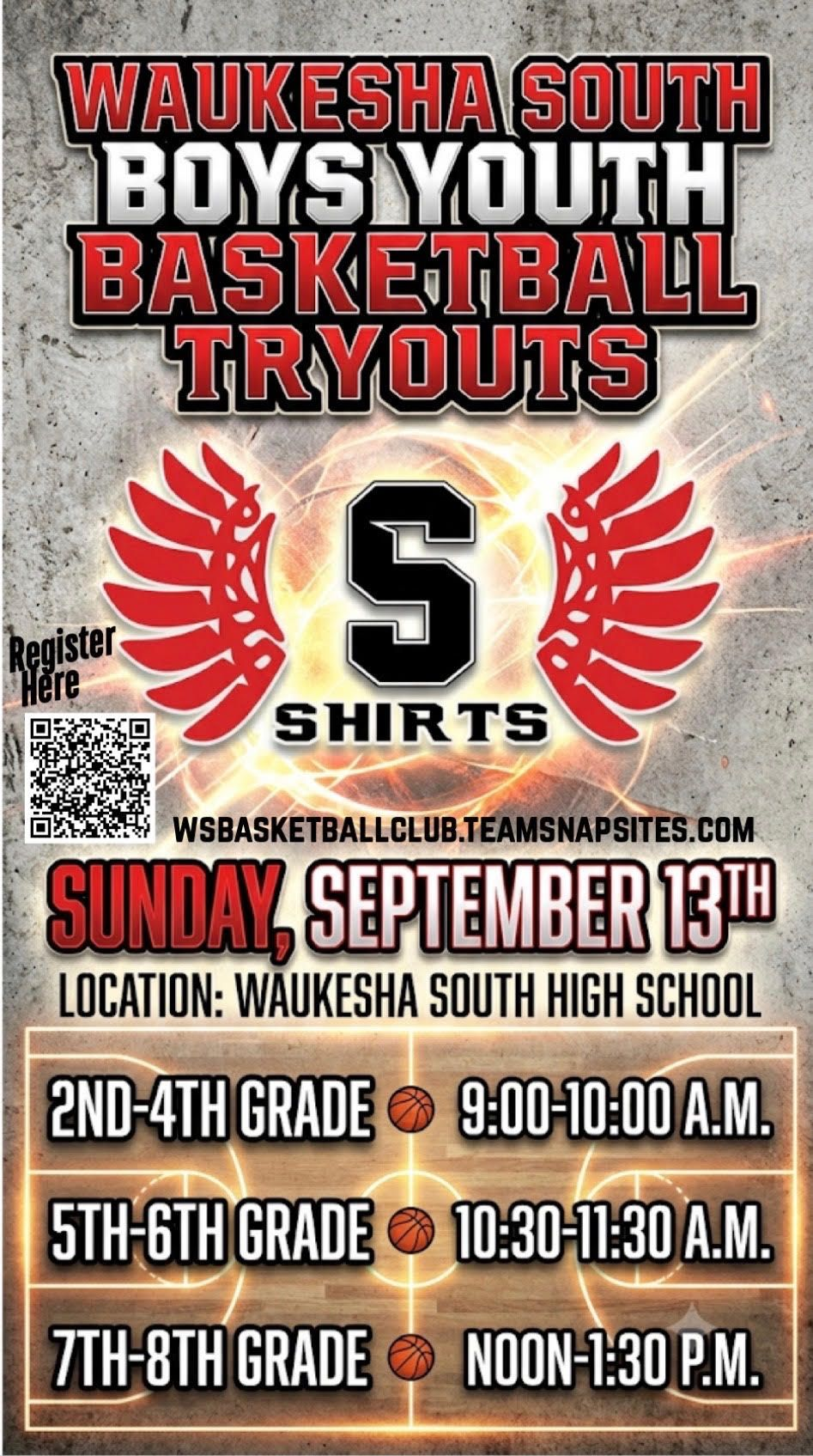Waukesha South boys youth basketball tryouts flyer, red/black, Sept. 13, with grade-level times.