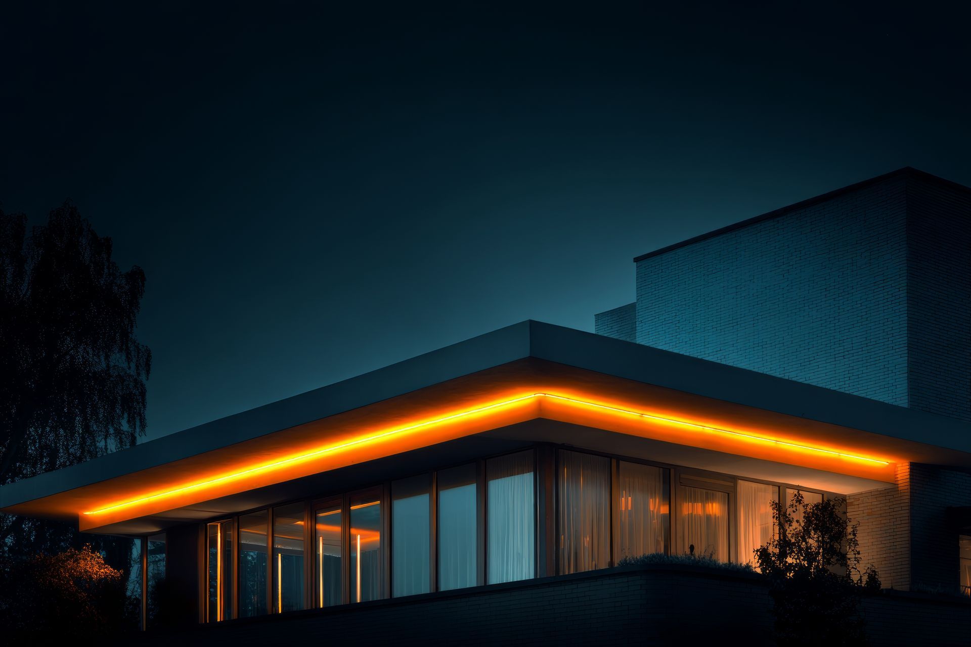 Modern home at night with glowing orange roofline LED accent lighting.