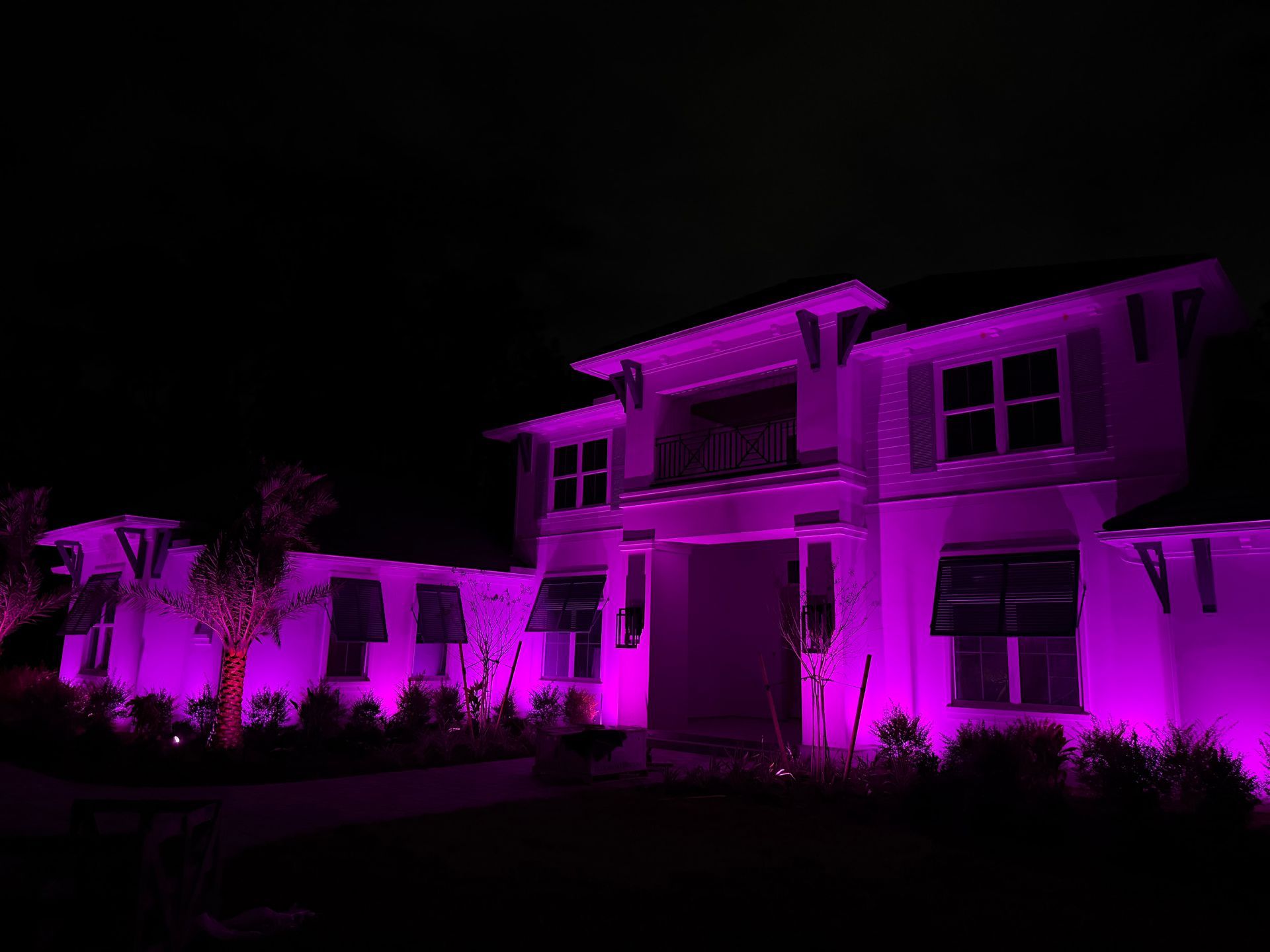 Two-story house illuminated in bright pink, with palm trees and shrubs in the foreground, at night.