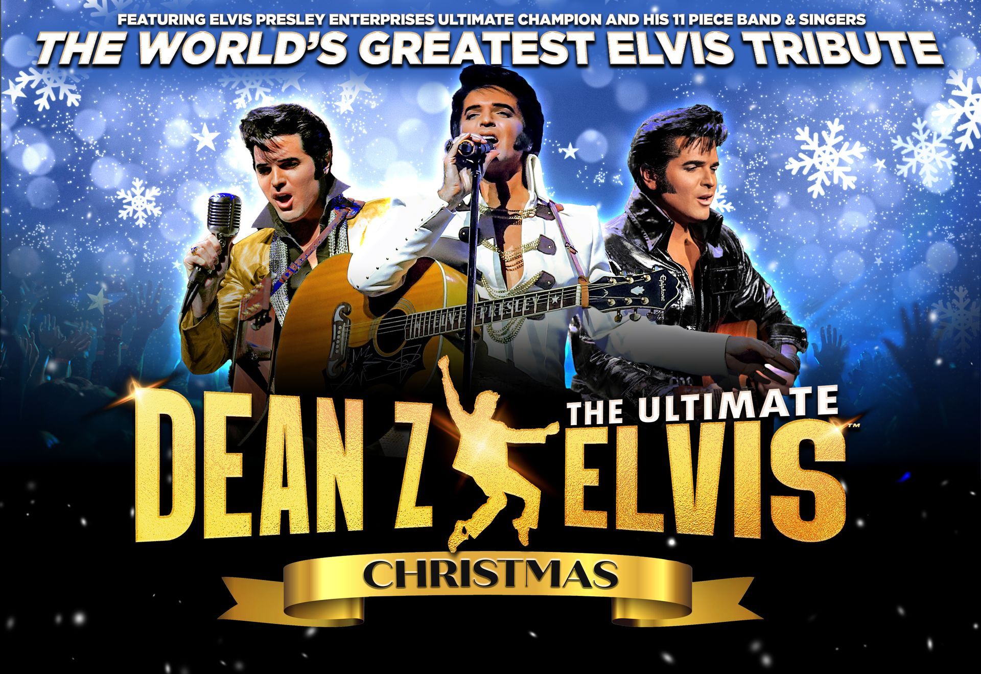 Promotional poster for The Ultimate Elvis Christmas show featuring Dean Z in three outfits against a blue snowy background.