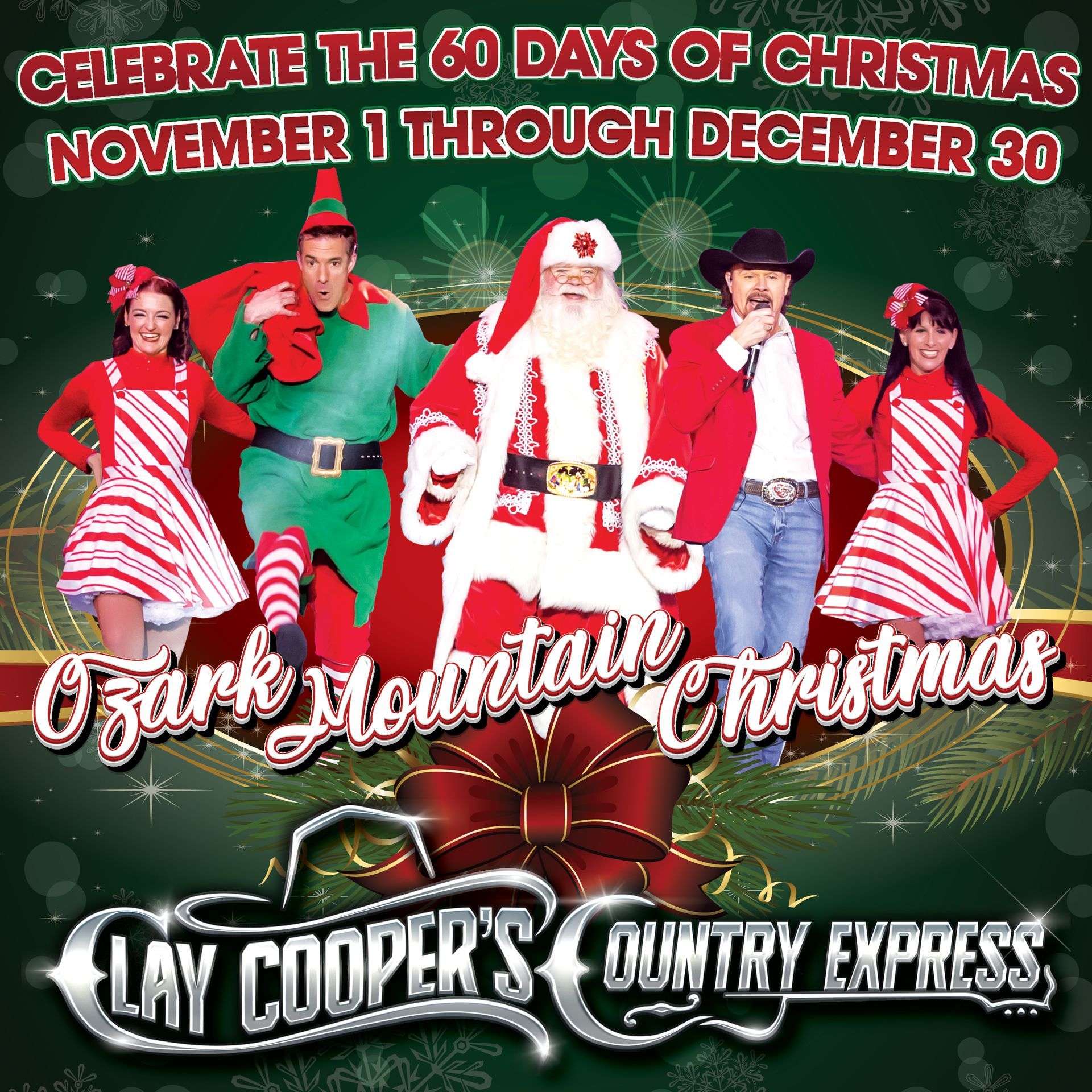 An ad for Ozark Mountain Christmas featuring performers, an elf, and Santa against a festive, starry green background.