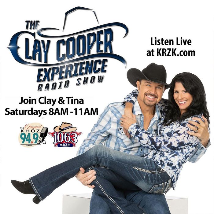 Promotional flyer for The Clay Cooper Experience radio show, featuring Clay and Tina, Saturdays 8AM-11AM on KRZK.com.