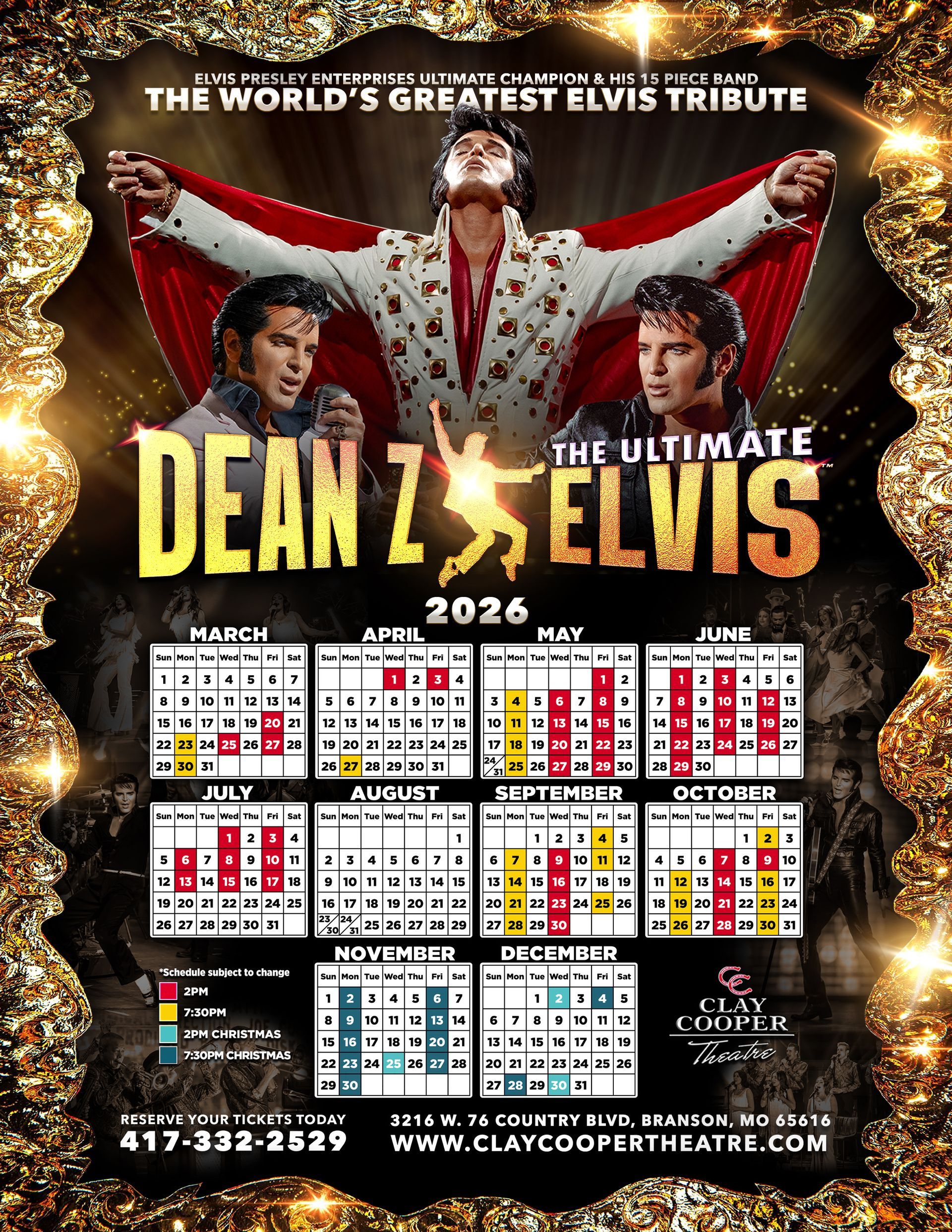 Promotional poster for a 2026 Dean Z Elvis tribute show at the Clay Cooper Theatre, featuring a show calendar.