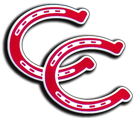 A logo featuring two overlapping red horseshoes arranged to form the letters 