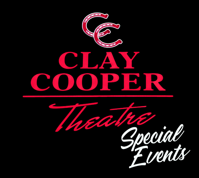 Logo for Clay Cooper Theatre Special Events with red text and two interlocking red horseshoe C icons on a black background.