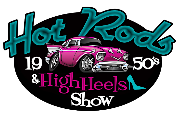 A logo for the Hot Rods & High Heels Show, featuring a pink 1950s car on a black oval with teal and pink text.