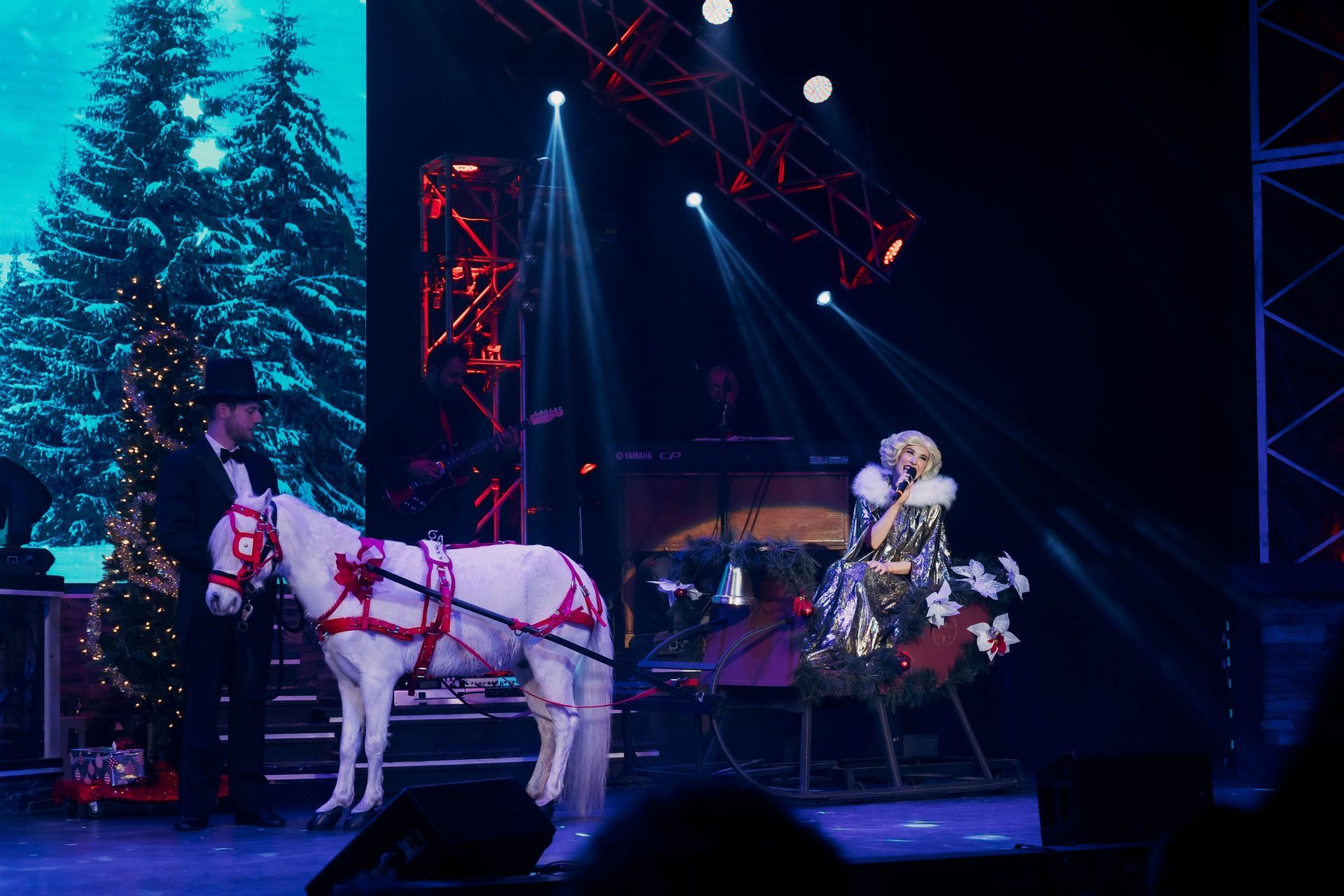 A performer in a glittery outfit sits in a sleigh pulled by a white horse on a stage decorated with a Christmas tree.