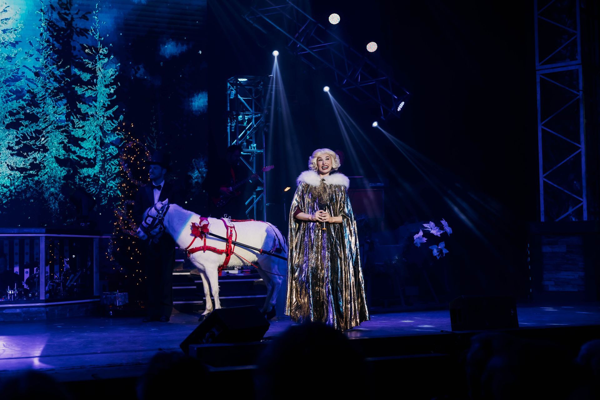 A person in a shimmering gold cloak stands on a stage next to a white horse decorated in a red harness.