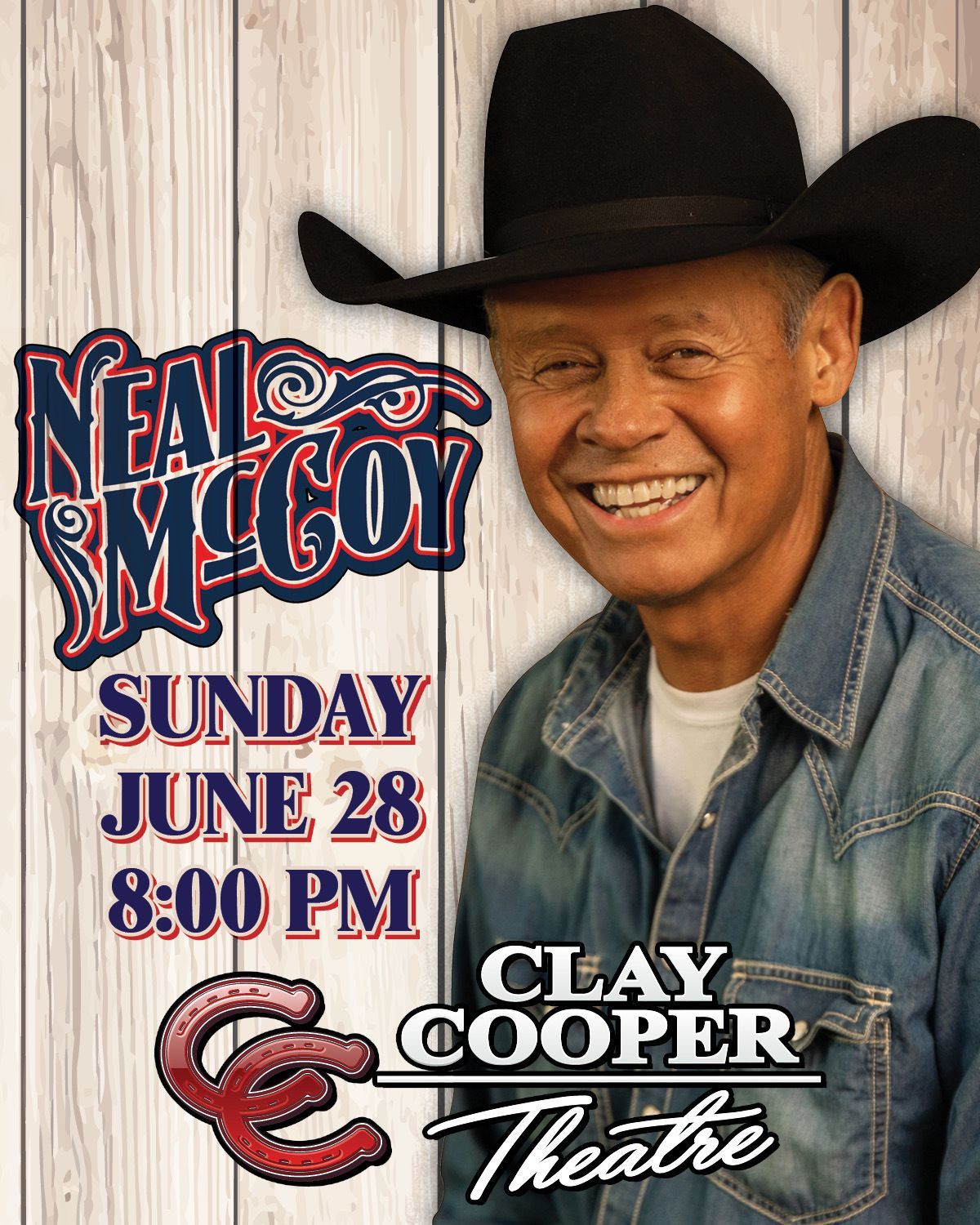 A poster for a Neal McCoy concert on Sunday, June 28 at 8:00 PM at the Clay Cooper Theatre, featuring the artist.