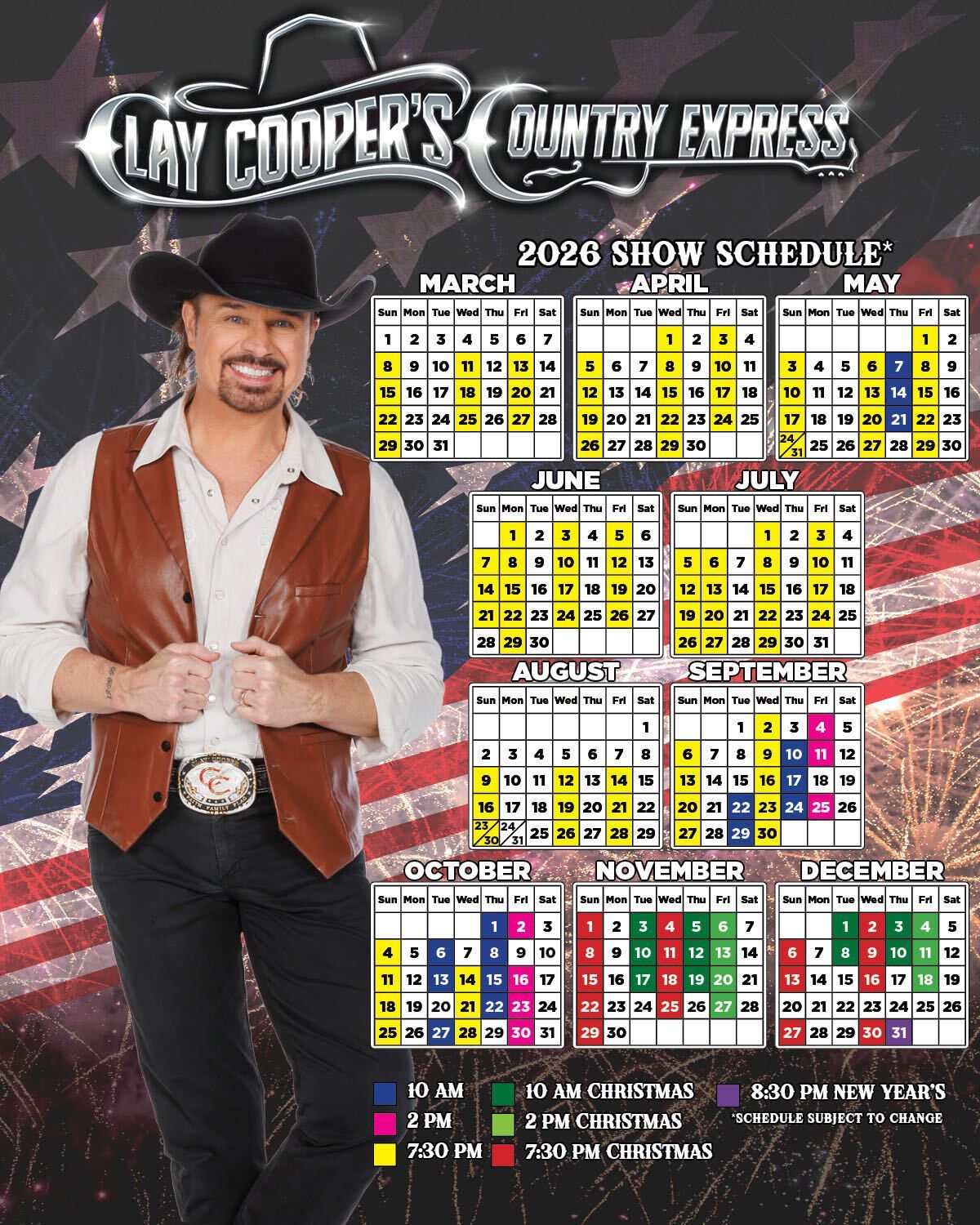 2026 tour schedule poster for “Clay Cooper’s Country Express” with a cowboy singer and monthly calendar dates