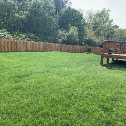 Wide green backyard with a wooden fence, trees, and a deck on the right.