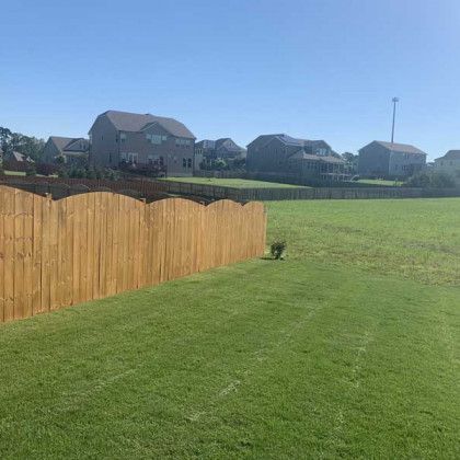 Grassy backyard with a wooden fence, suburban houses in the distance, and a clear blue sky.