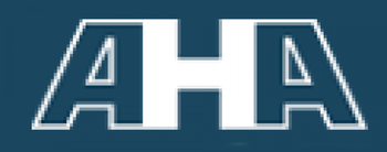 White “AHA” logo on a dark blue background