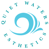 A logo for quiet waters esthetics with a blue wave