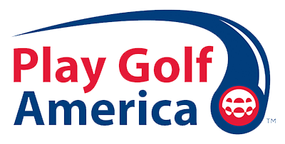A logo for play golf america with a golf ball in the middle.