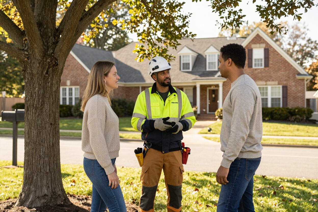 Tree service professional consulting with a homeowner at a residential property in New Castle, Delaware