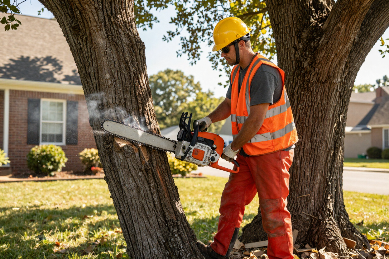 Tree service professional in full PPE operating chainsaw at a residential job in New Castle County
