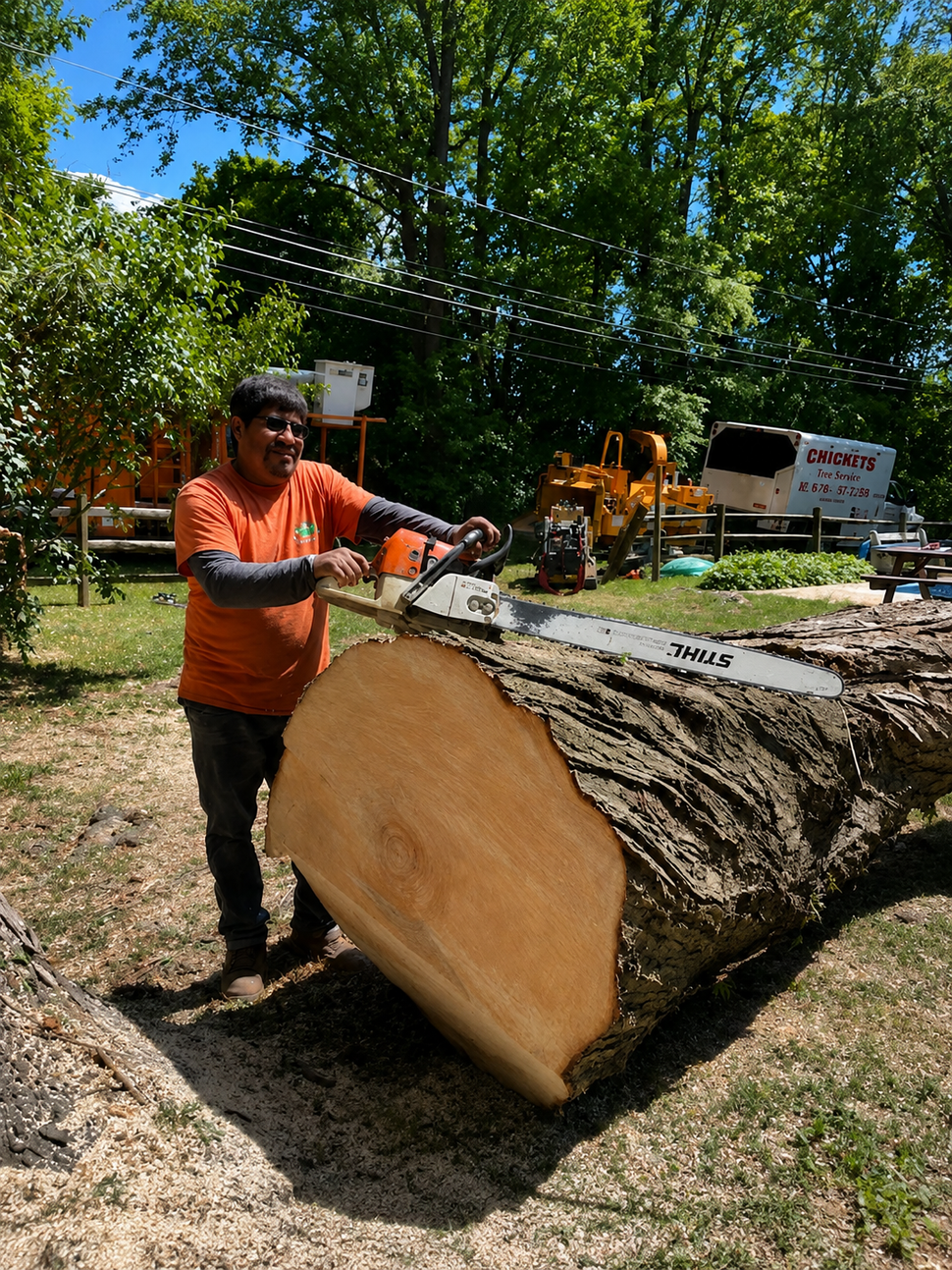 Person chainsaws a large tree trunk in a sunny yard with logs and equipment nearby