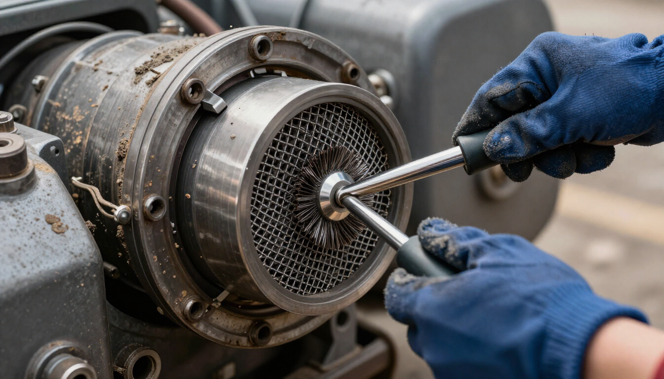 Manos enguantadas utilizando una llave inglesa para dar mantenimiento a un componente metálico de una máquina industrial.