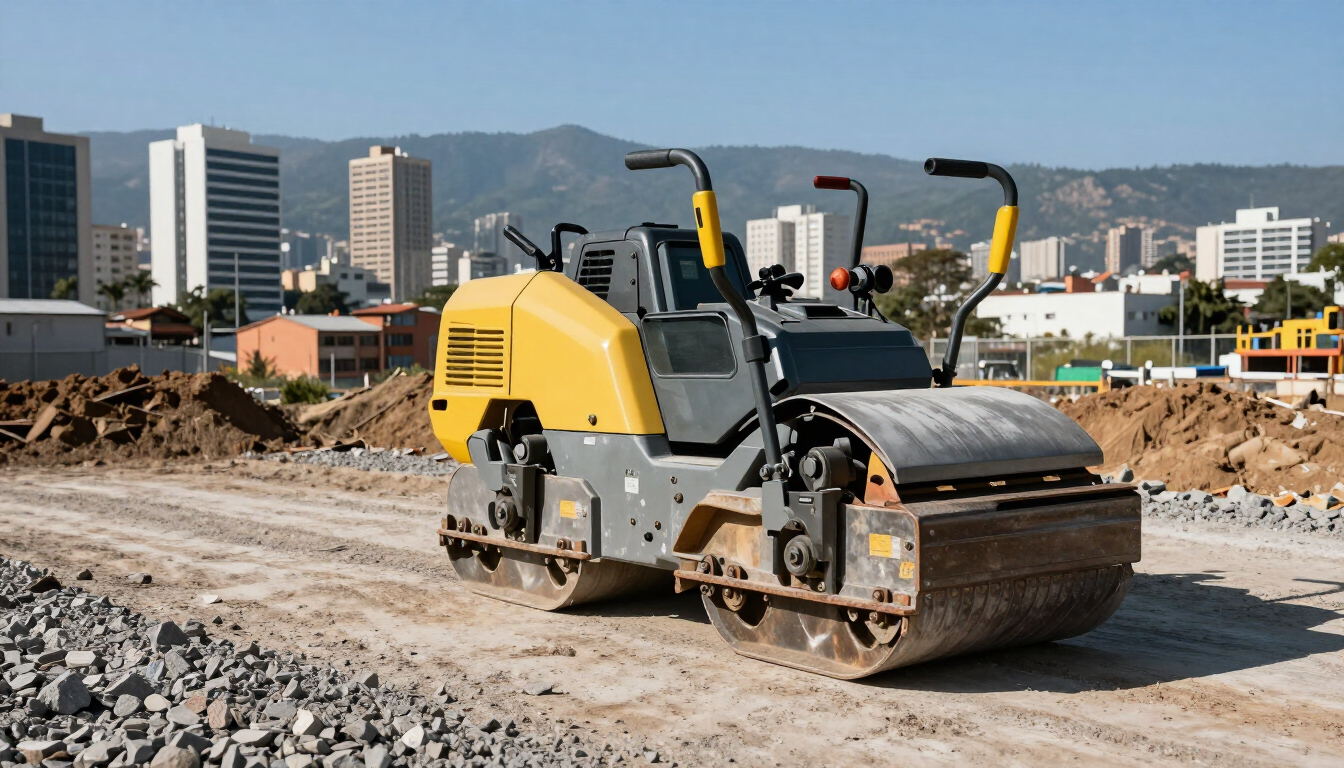 Una apisonadora amarilla compacta la grava en una obra de construcción con edificios de la ciudad al fondo.