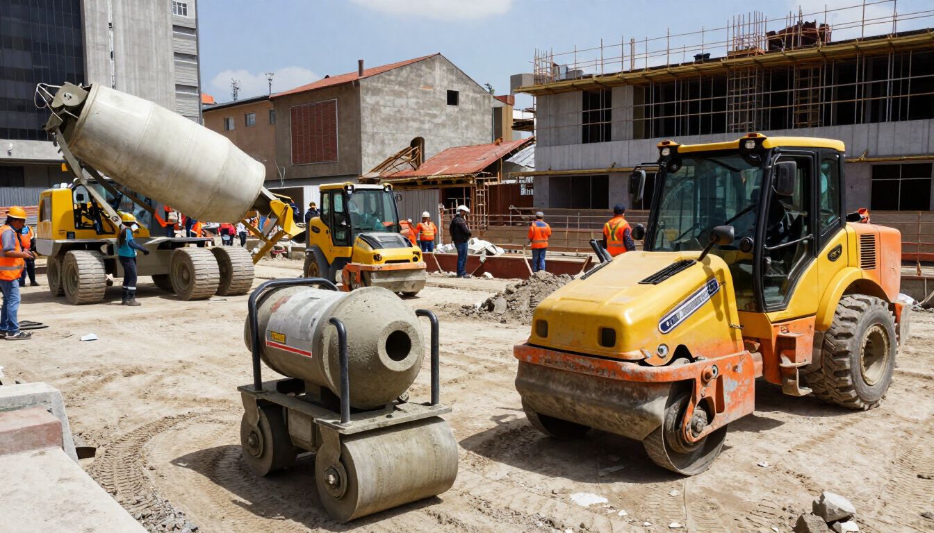 Obra en construcción con excavadora amarilla, hormigonera y trabajadores cerca de un edificio en construcción.