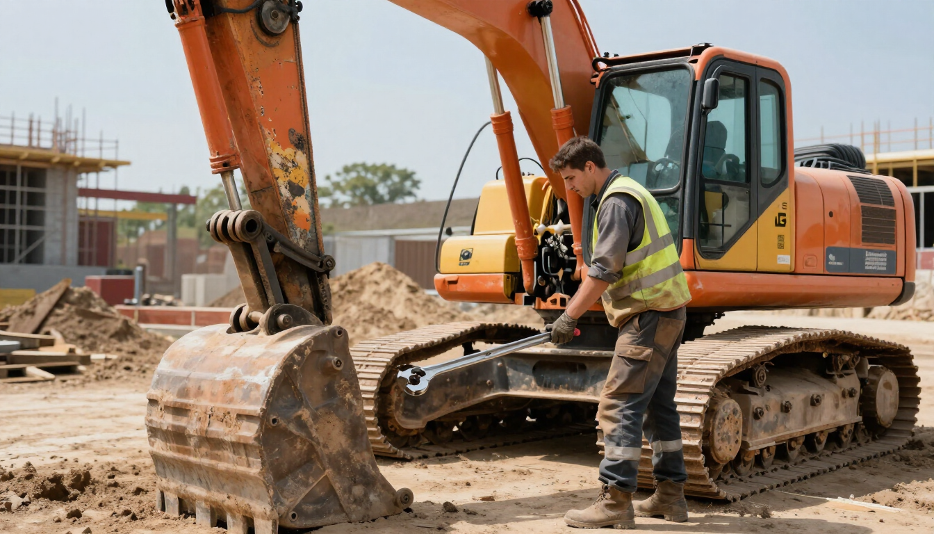 Obrero de la construcción junto a una excavadora naranja en una obra de movimiento de tierras.