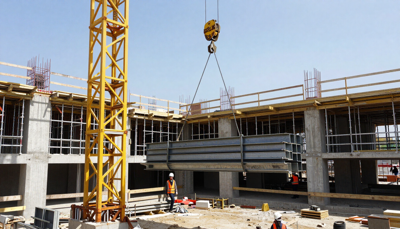 Obra en construcción con grúa, estructura de hormigón y trabajadores en un edificio en construcción.