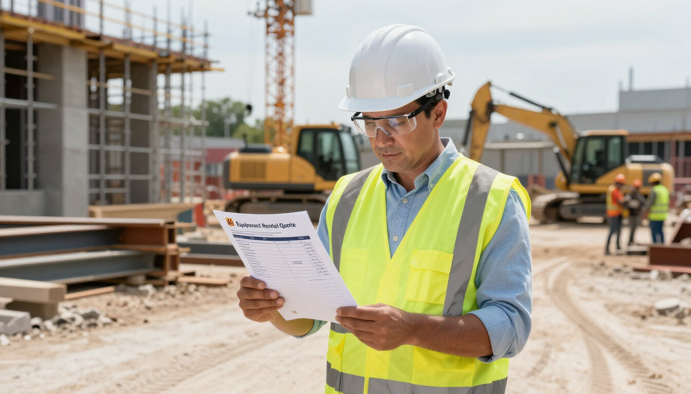 Obrero de la construcción con casco y chaleco de seguridad leyendo planos en una obra en construcción.