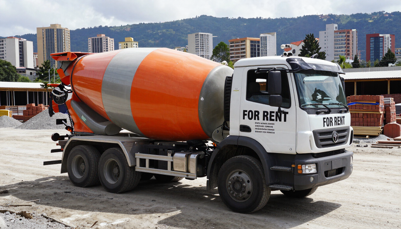 Camión hormigonera naranja y blanco con la inscripción 
