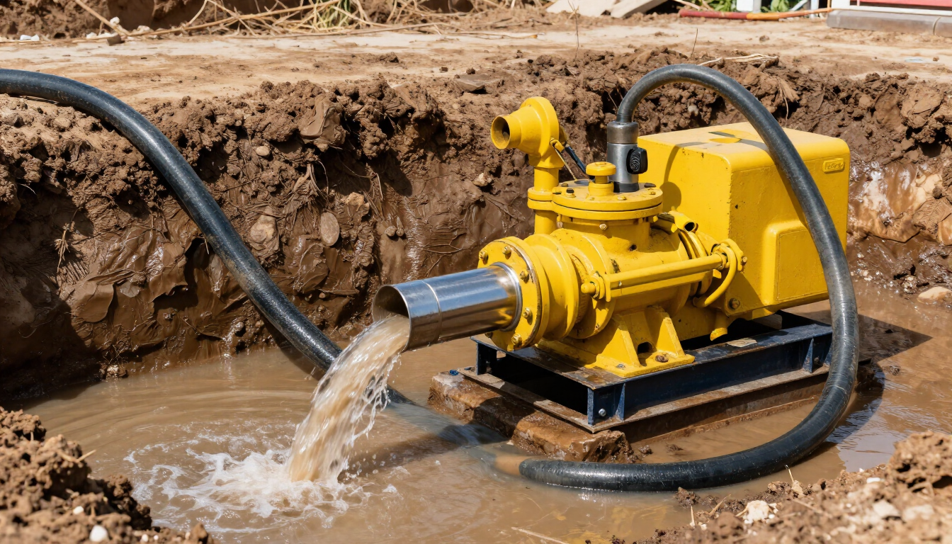 Bomba de agua amarilla rociando agua turbia en el lugar de una excavación.