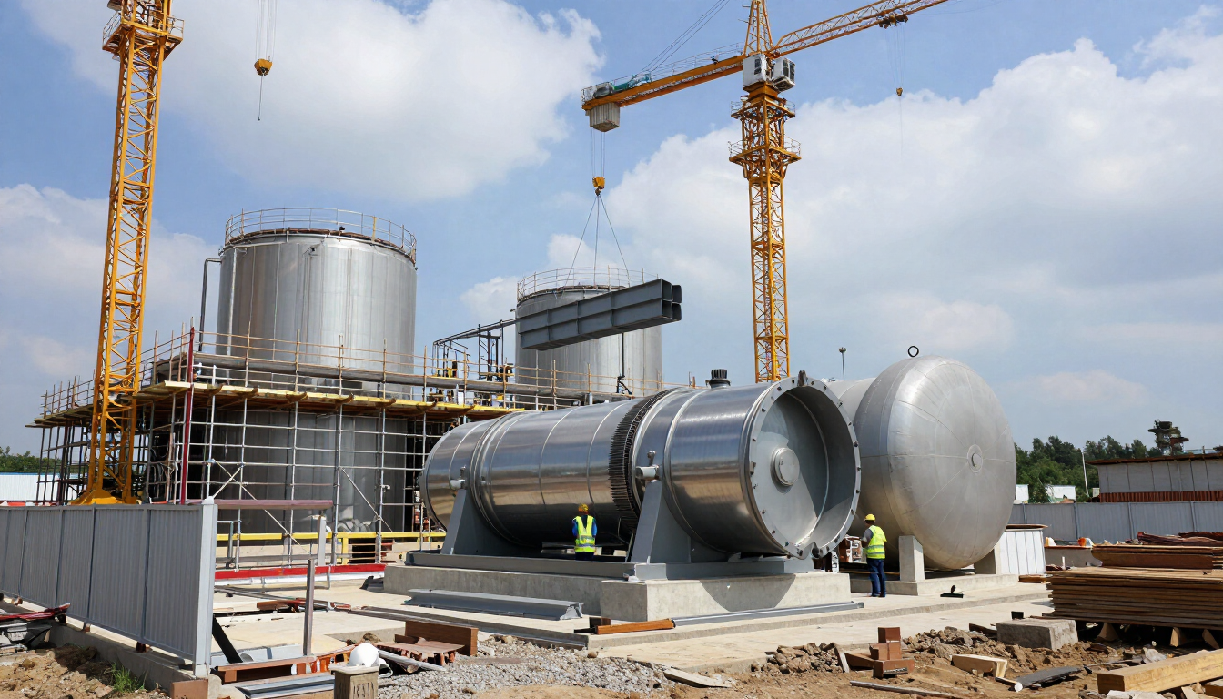 Obra en construcción con grúas y grandes tanques industriales metálicos en proceso de ensamblaje.