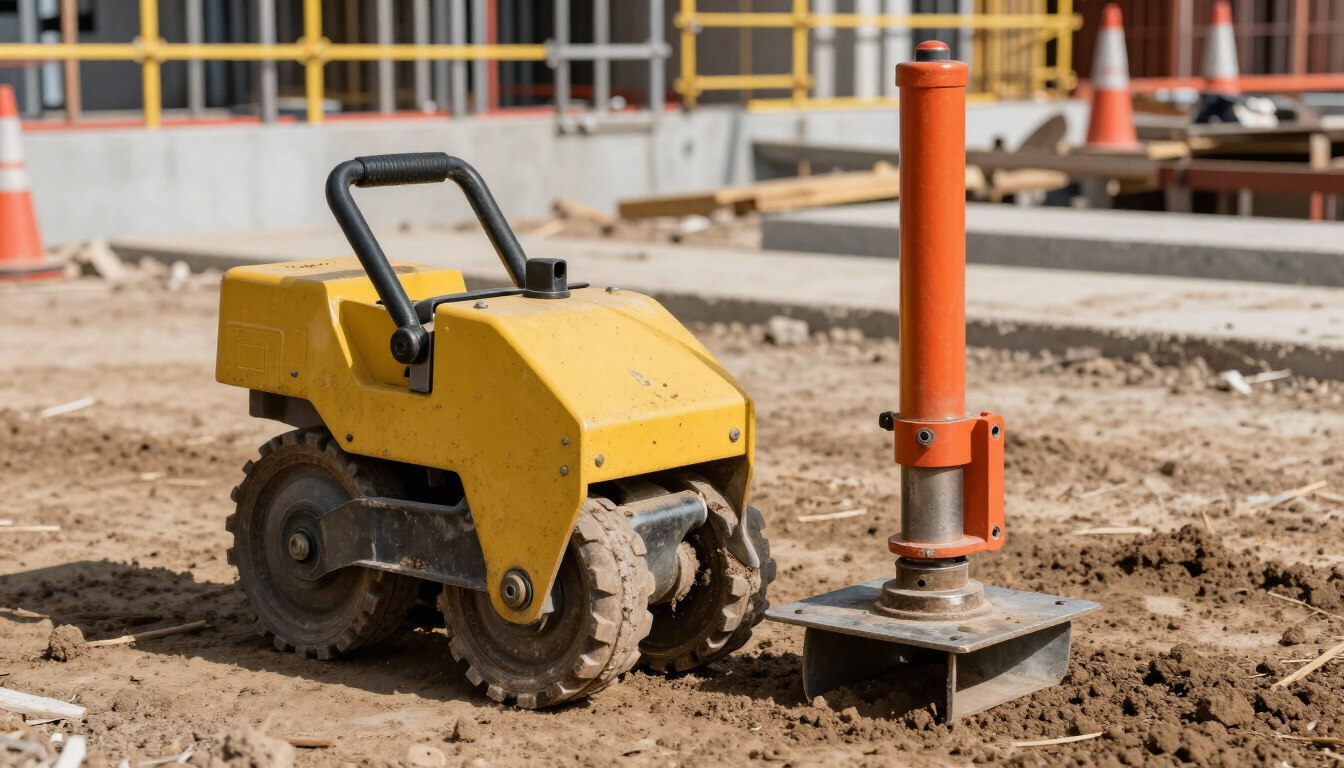 Un rodillo compactador amarillo compacta la tierra en una obra de construcción junto a un poste naranja.