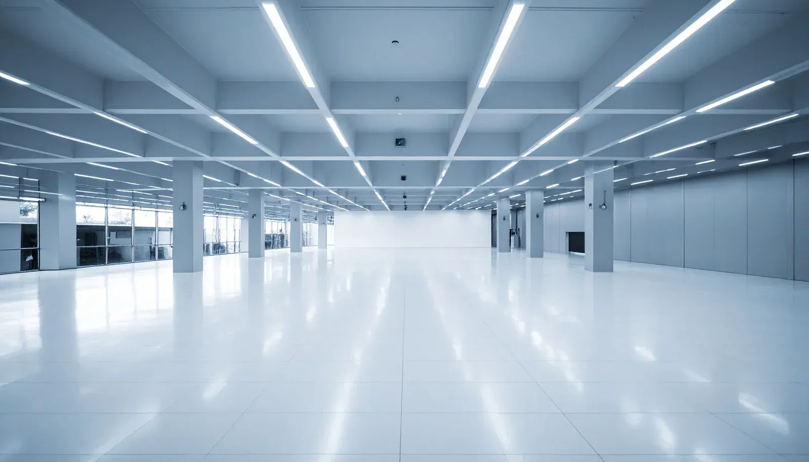 Large, empty, modern, light-filled exhibition hall with glossy white floors and ceiling lights.