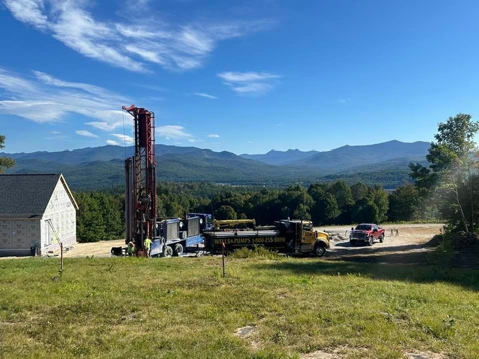 A truck is parked in a grassy field with mountains in the background.