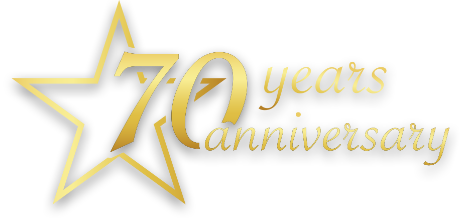 7th anniversary logo with gold star and gold script text on white background
