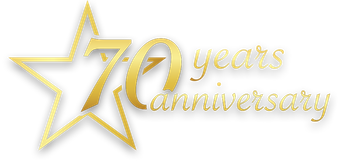 7th anniversary logo with gold star and gold script text on white background