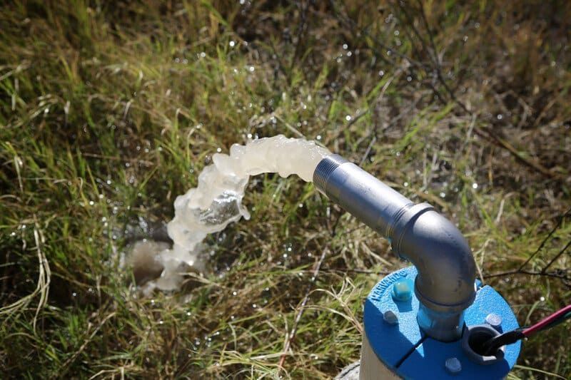 Water is coming out of a pipe in the grass.