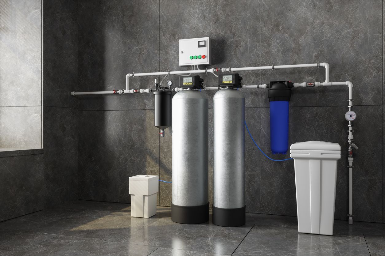 Water filtration system with silver tanks, blue filter, and white trash bins in a utility room