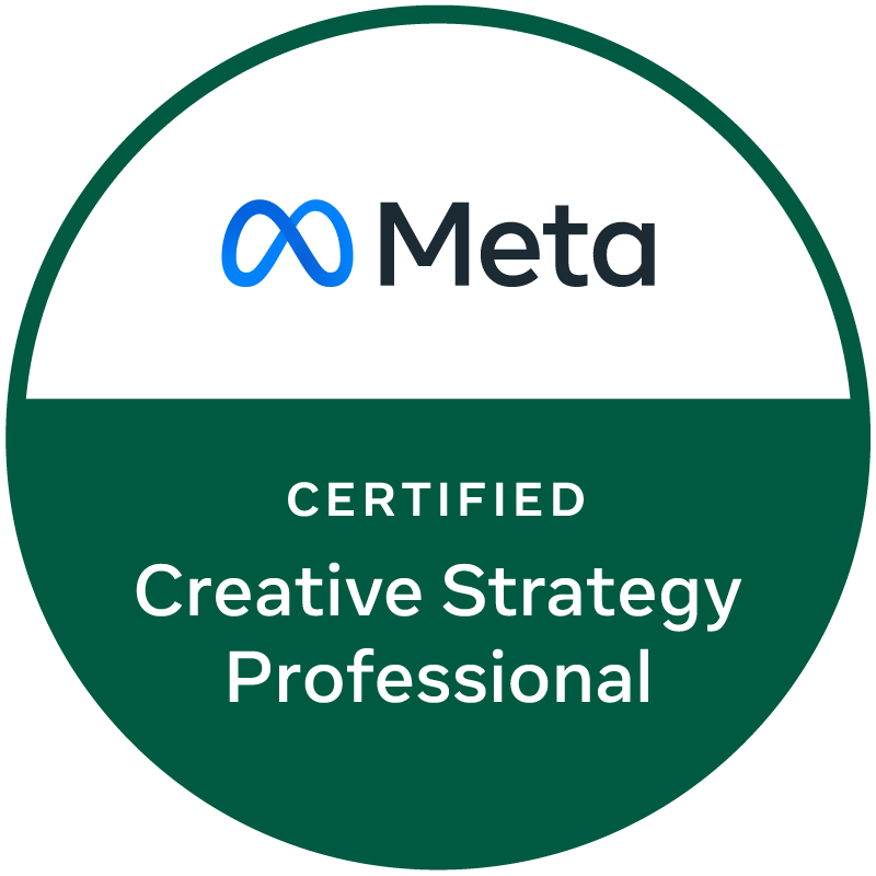Insignia de Profesional Certificado en Estrategia Creativa de Meta. Diseño circular verde y blanco. Logotipo de Meta en la parte superior.