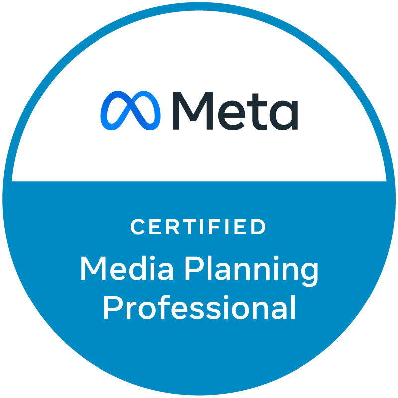 Insignia de Profesional Certificado en Planificación de Medios de Meta. Círculo azul y blanco con el logotipo de Meta.