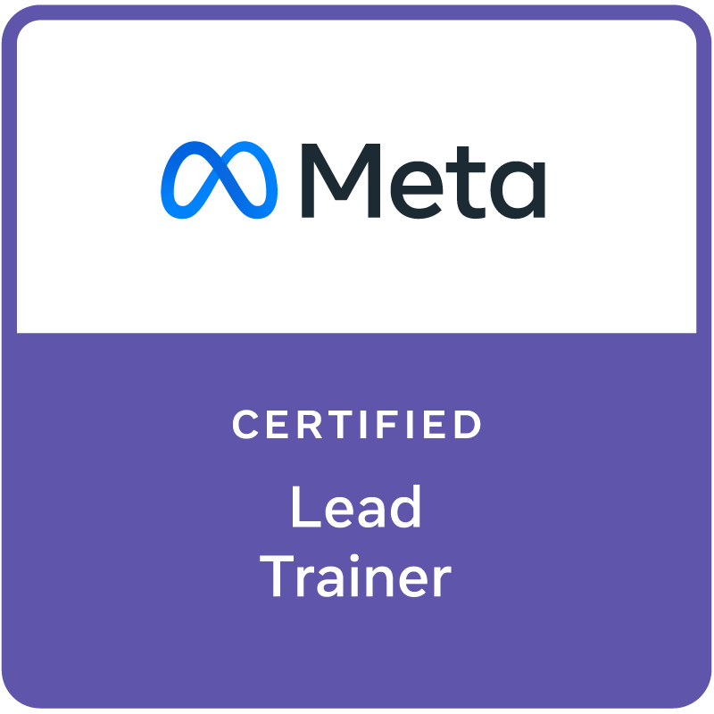 Insignia de Entrenador Líder Certificado de Meta, con el logotipo de Meta y los colores violeta, blanco y azul.