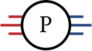 Black letter P inside a circle with red and blue horizontal lines extending from both sides
