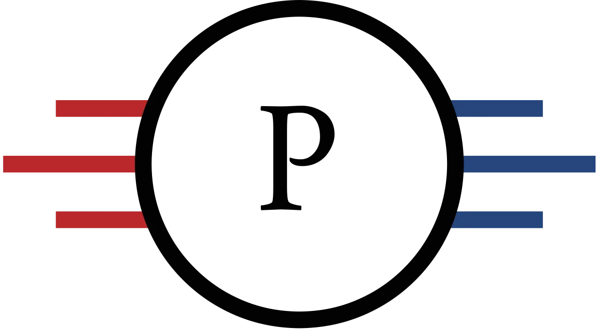 Black letter P inside a circle with red and blue horizontal lines extending from both sides