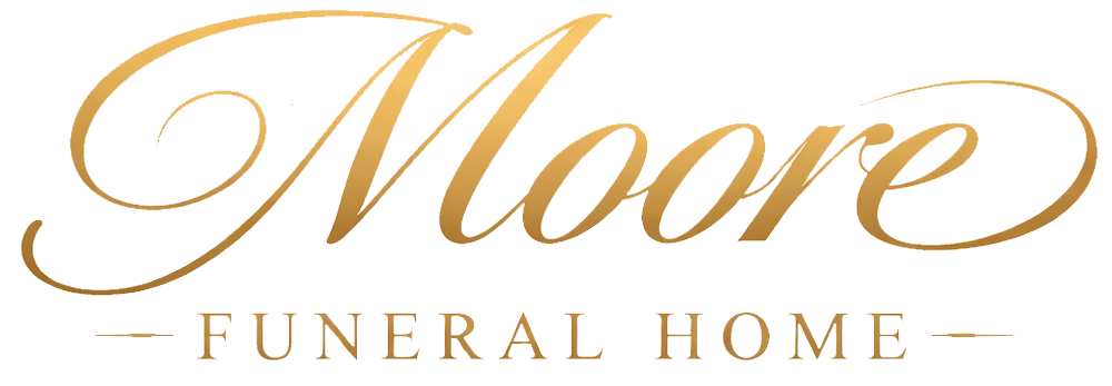 Moore Funeral Home logo in gold script on a white background